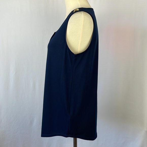 Ellen Tracy Navy Blue Pleated Sleeveless Blouse w/Gold Shoulder Hardware -Medium - Picture 5 of 13